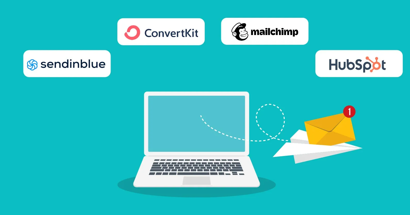 Illustration showing a laptop and logos of email marketing services