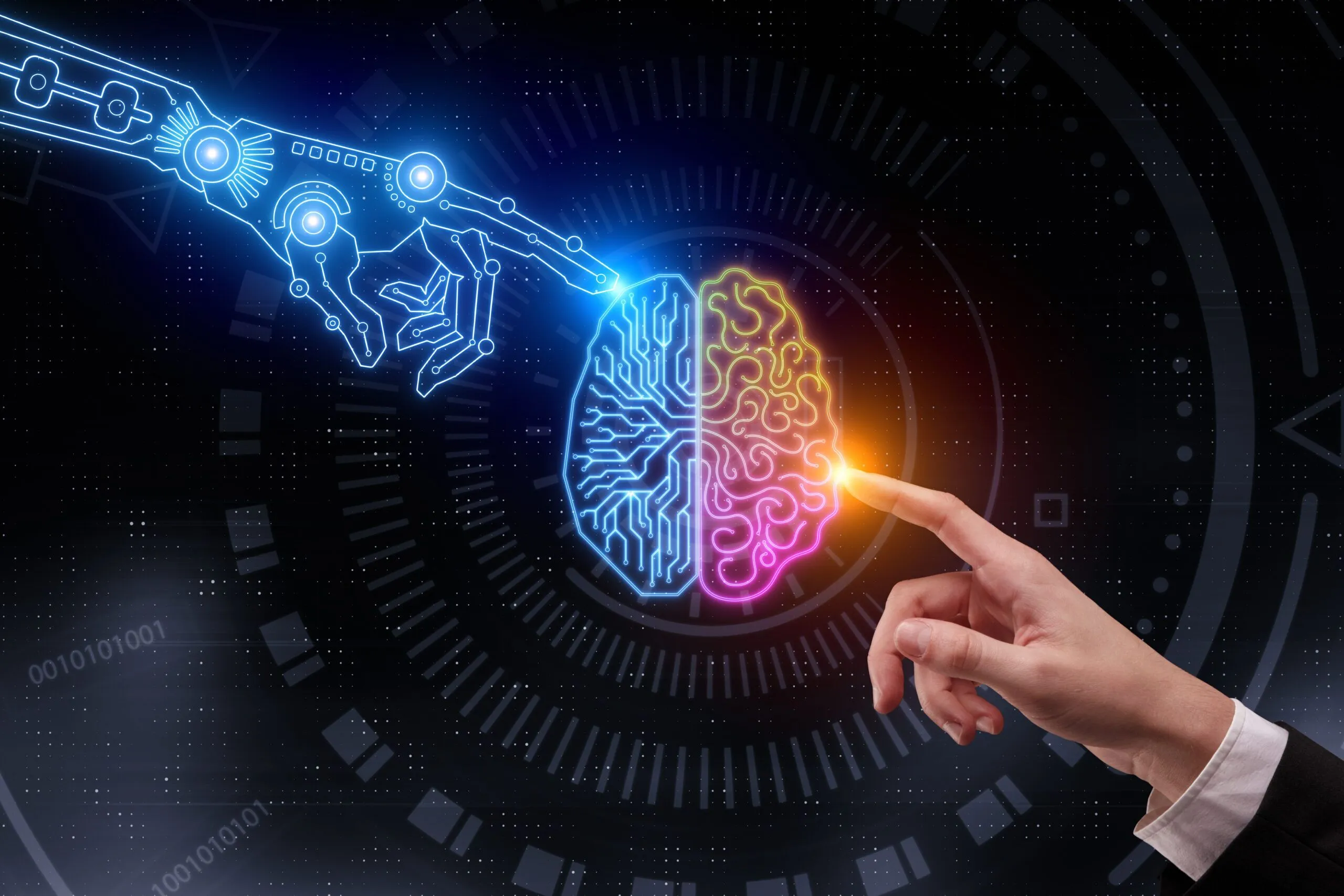 A human hand and a robotic hand reach toward a glowing brain illustration, symbolizing the connection between human intelligence and AI in marketing. A human hand and a robotic hand reach toward a glowing brain illustration, symbolizing the connection between human intelligence and AI in marketing.