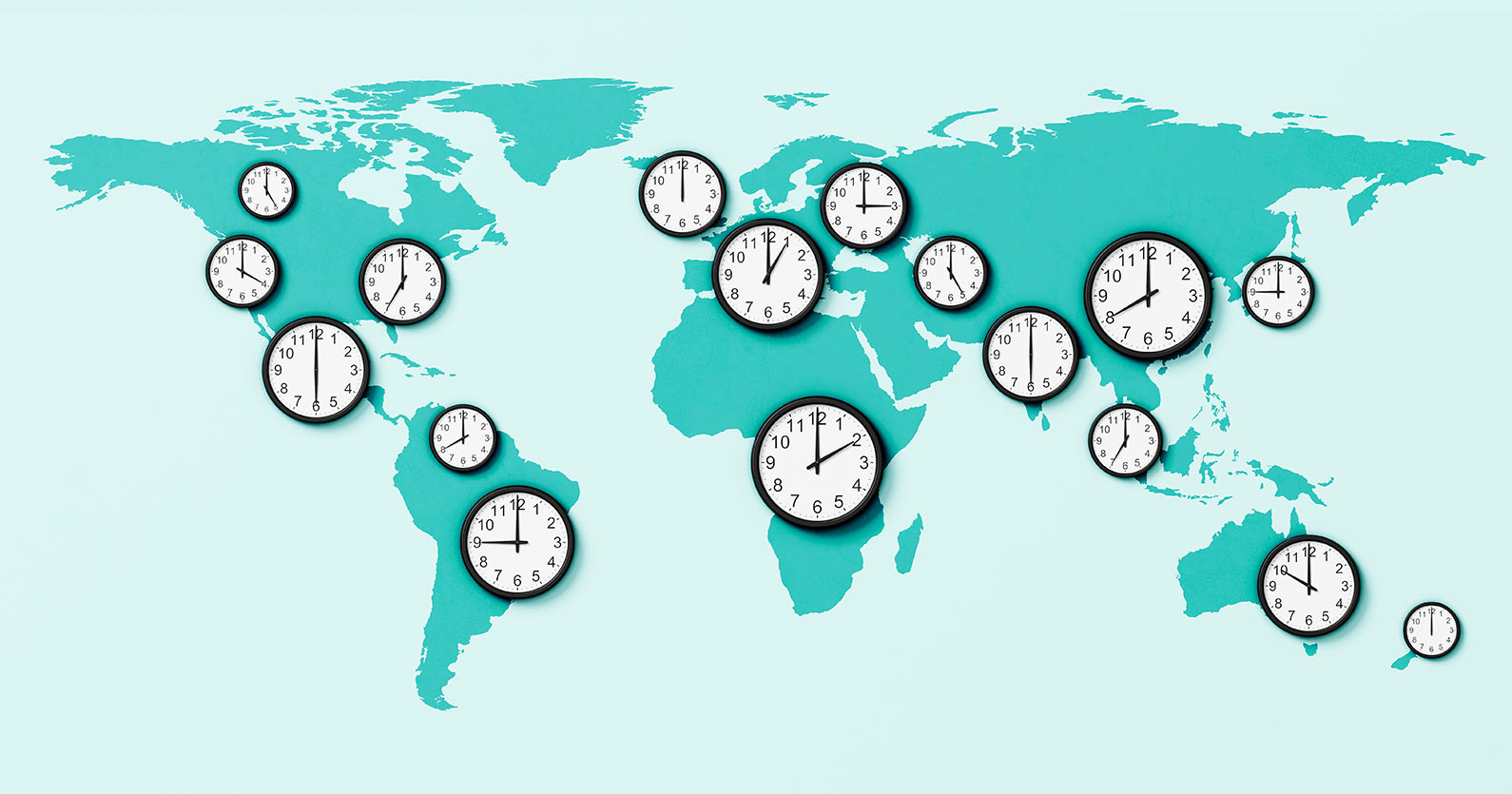 Illustration of a world map with clock faces over it