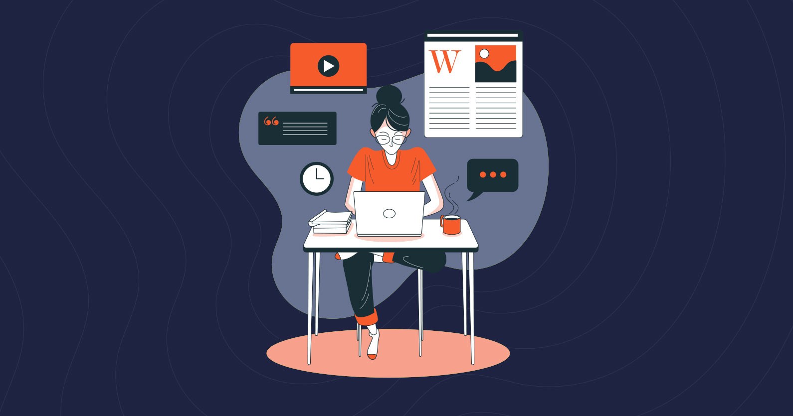 Create a great blog post title - illustration of a woman writing a blog post on her laptop