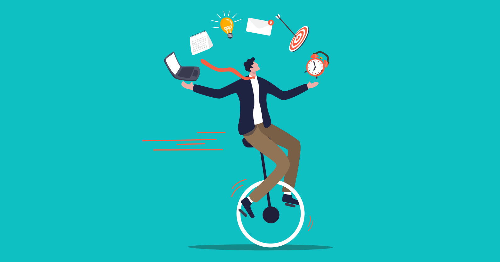 Illustration of a man on a unicycle juggling tasks