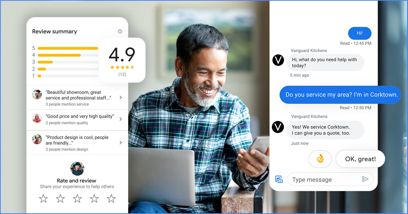 Google reviews illustration with a photo of a man looking at his phone in the background