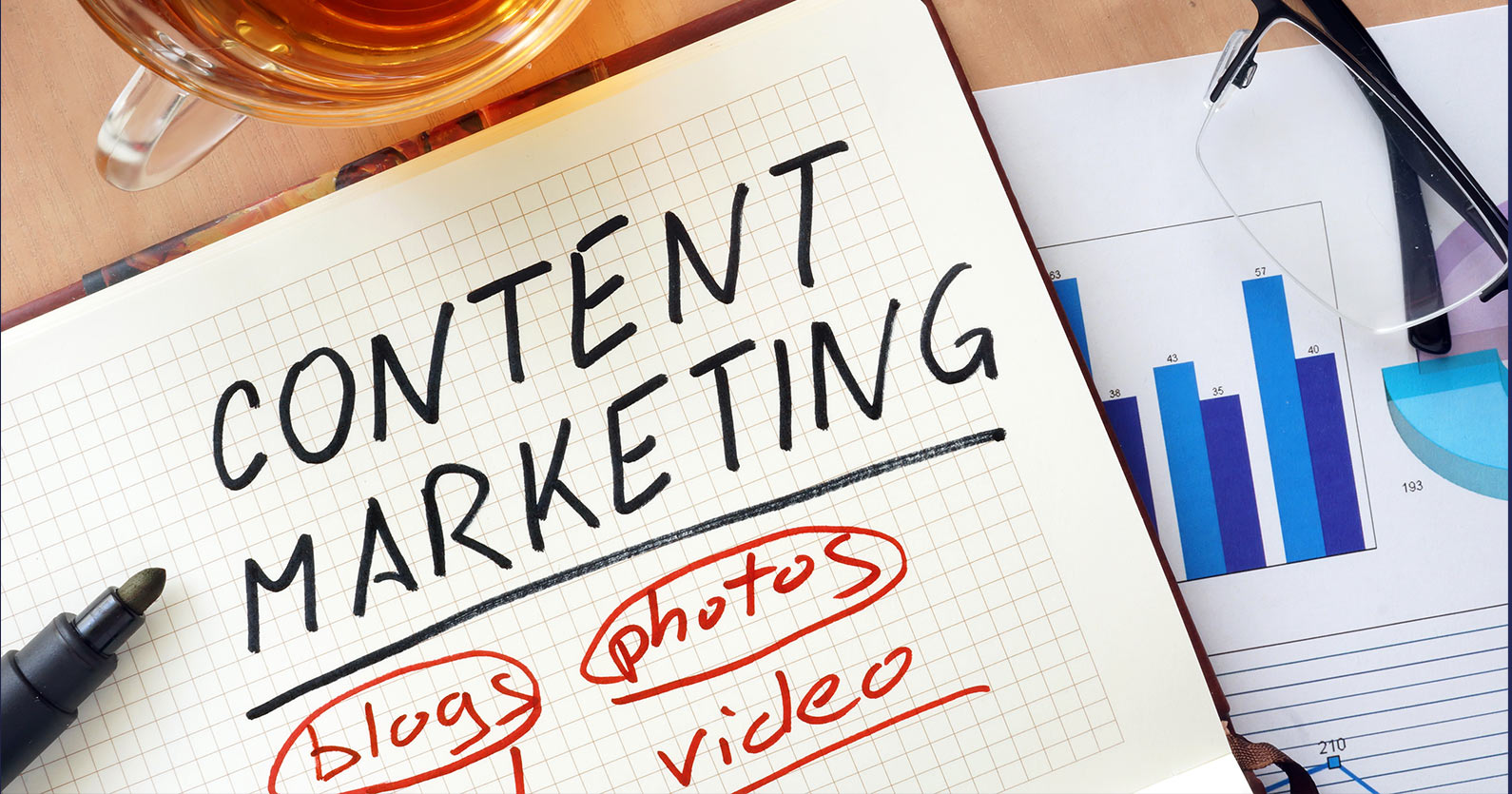 Notepad showing the words "Content Marketing" written on a page