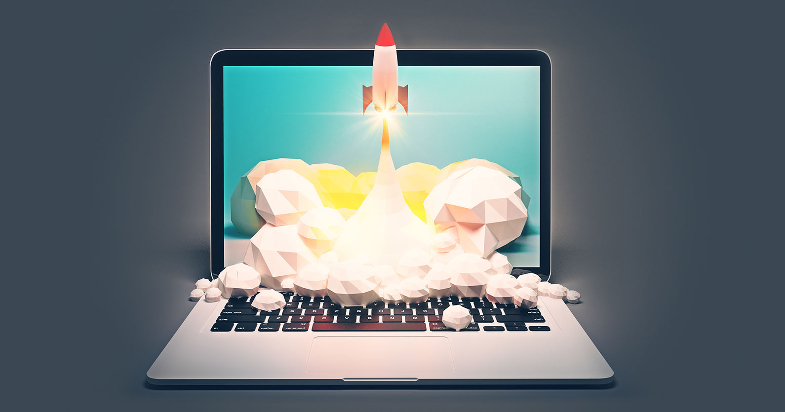 Illustration showing a laptop with a rocket taking off on screen