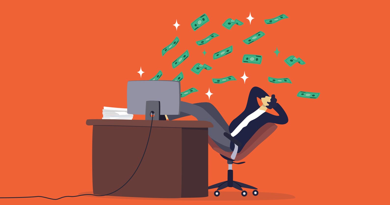 Illustration of a man in front of a computer with cash bills flying out representing sucessfull ecommerce sales