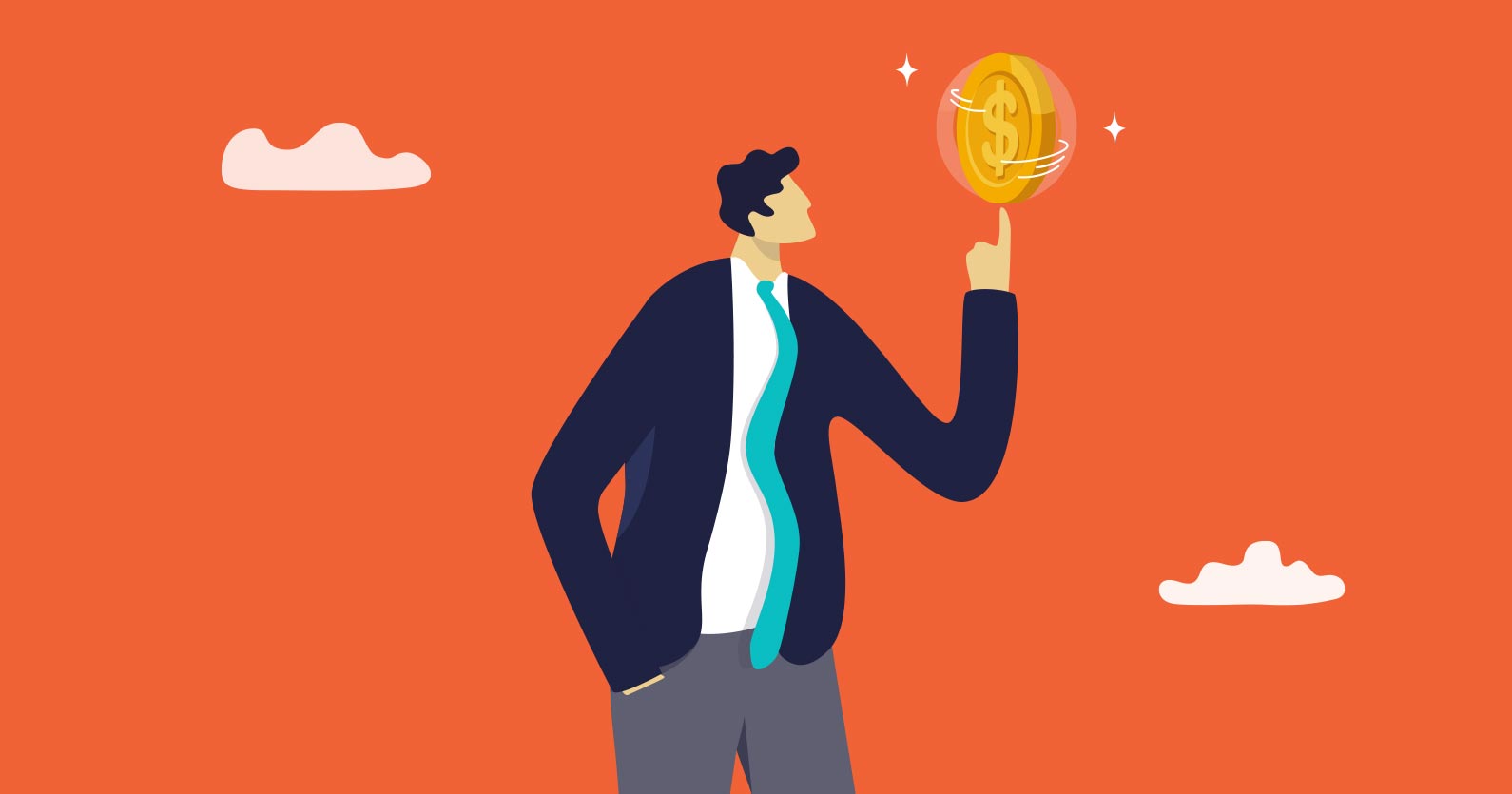 Low-cost digital marketing: Illustration showing a man spinning a coin on his finger 