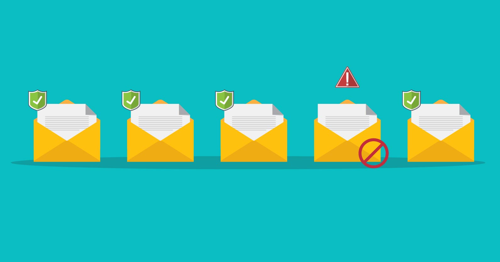 Illustration of five email folders where one is marked as spam